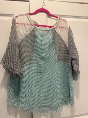 We The Free Mint, Gray & Cream Mesh Colorblock Tunic